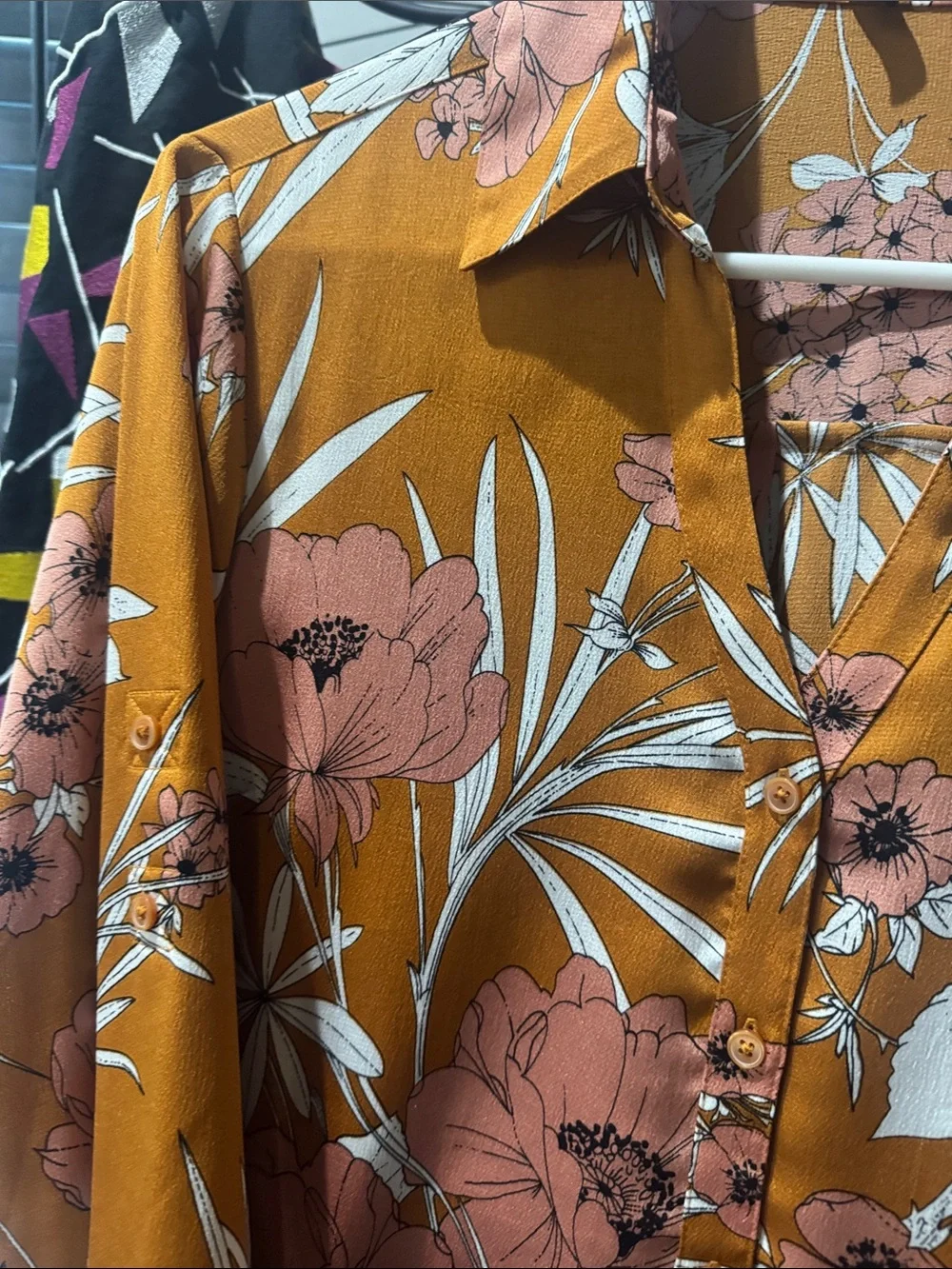 Express women’s Mustard Floral Button-Down Shirt with Pink and White Print Sz M